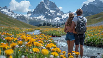 Couple in love on the alpine meadow with blooming flowers.