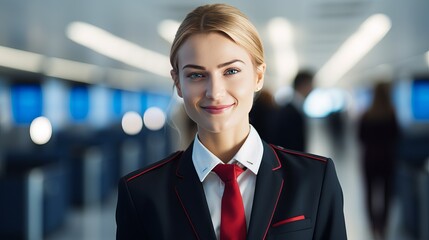 A female flight attendant is displaying her uniform.