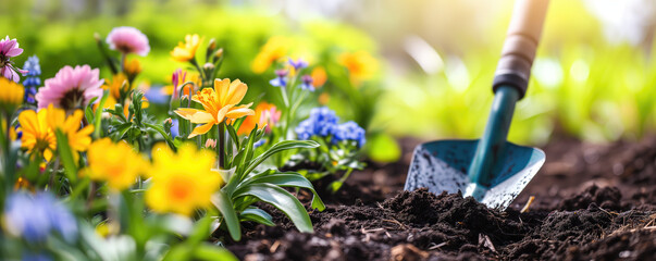 Potting up spring flowers in the garden