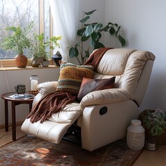 A cozy living room with a comfortable leather recliner - obrazy, fototapety, plakaty