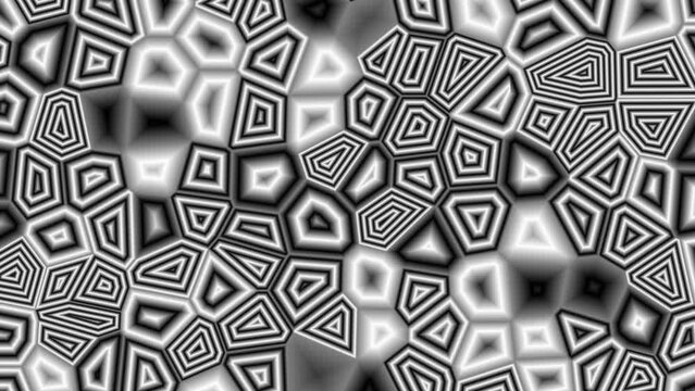 Black and white mosaic with a minimal wavy surface. Random waving. Abstract background from chaotic pieces. Pieces of fractured, broken surface. VJ, science and medicine background. 3d render