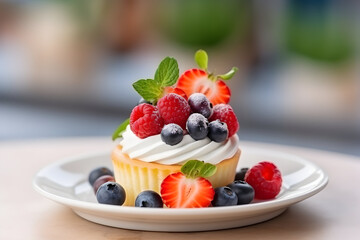 cupcake with cream and berries on a white plate on a soft background