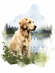 Sitting Golden Retriever by a Lake in Watercolor Style AI Generated