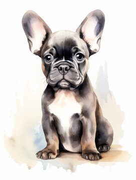 Sitting French Bulldog with Big Ears Watercolor Painting AI Generated