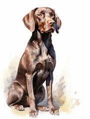 Sitting Pointer Indicating a Direction - Watercolor Art on White Background AI Generated