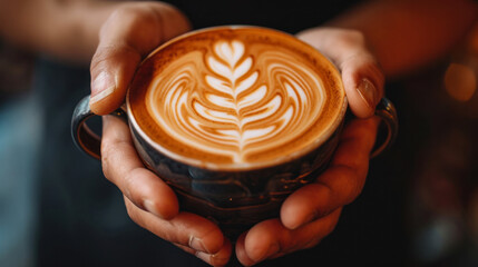 Close-up of a man making latte art in a cup of coffee. Male hands holding a cup of coffee with latte art. Drinks concept.