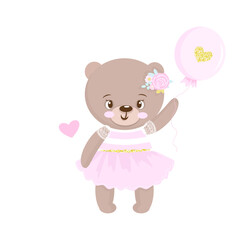 Teddy bear with balloon , flower. Cute baby bear girl. Ballerina, ballet. Vector illustration isolated on white background. Glitter, gold. Baby shower, greeting card, birthday, party, print. Animal