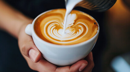 Close-up of a man making latte art in a cup of coffee. Male hands holding a cup of coffee with latte art. Drinks concept. - obrazy, fototapety, plakaty