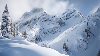 Fototapeta na wymiar Snow trapped in between lower breaks in the mountain