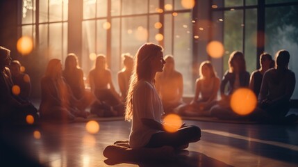 Meditation group in a yoga studio with sunlight - obrazy, fototapety, plakaty