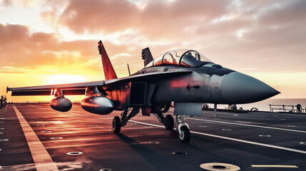 Military fighter jet on display aboard an aircraft carrier flight deck with a sunrise background