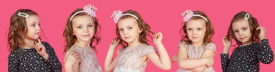 Set photos of cover girl child 5 year old with different emotion at isolated pink background,...