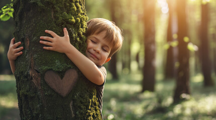 Close-up of children's hands hugging a tree with a heart symbol on it. Concept of love for nature,...