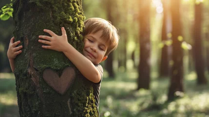 Rugzak Close-up of children's hands hugging a tree with a heart symbol on it. Concept of love for nature, spring. © Alina Tymofieieva