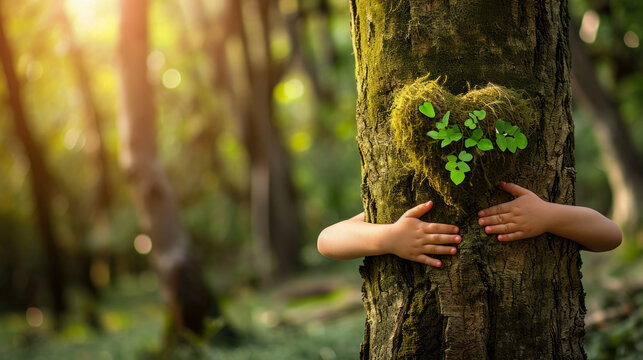 Close-up of children's hands hugging a tree with a heart symbol on it. Concept of love for nature, spring.