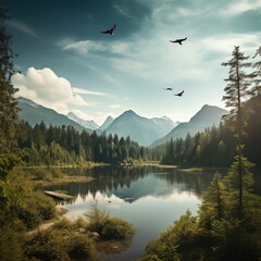 Tranquil mountain lake with flying birds