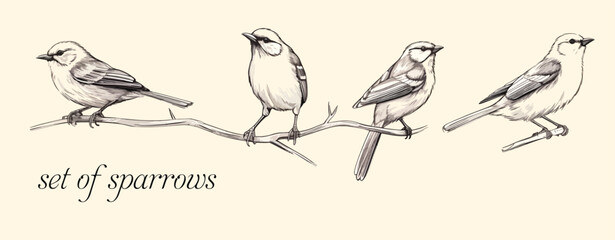 Sparrow bird vector watercolor illustration set. Cute little flying bird collection