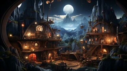 A fantasy world inside a giant steampunk cavern