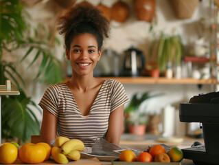 Obraz premium Cheerful Young Woman with Fresh Fruits in a Modern Kitchen
