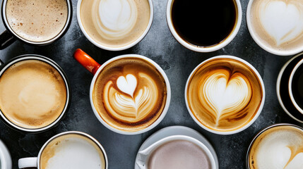 Top view of assorted coffee cups on gray background. Coffee drinks.