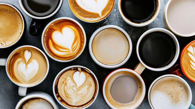 Top view of assorted coffee cups on gray background. Coffee drinks. © Alina Tymofieieva