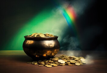 Gold pot full of coins and rainbow on dark wooden background. St. Patrick's day holiday symbol....
