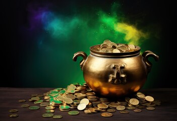 Gold pot full of coins on dark wooden background. Magic stuff. St. Patrick's day holiday symbol. Template for design card, invitation, banner