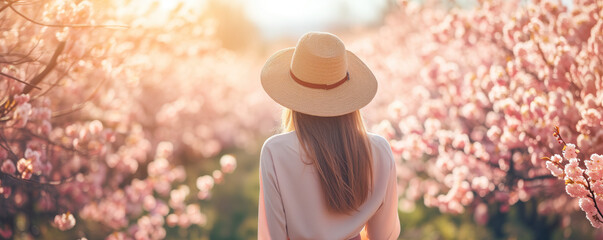 Woman enjoying time in blossom cherry orchard at spring