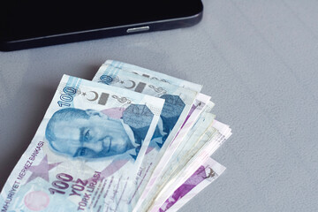 Turkish liras on the table. Finance and monet counting concept.