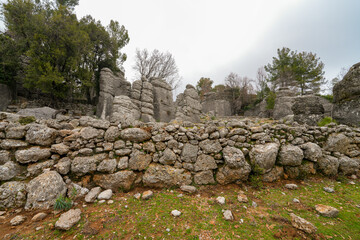 Majestic view of valley with beautiful rock formations on a autumn day. Adamkayalar, Selge, Manavgat, Antalya, Turkey.