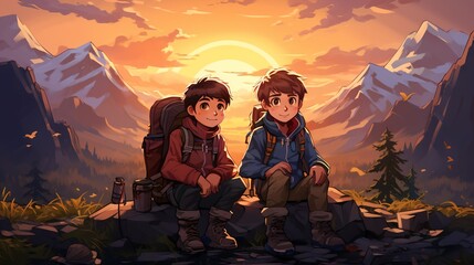 Two friends enjoying the sunset in the mountains
