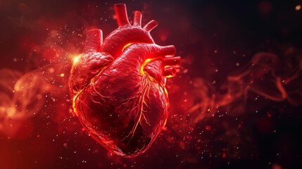Abstract depiction of a human heart with vibrant reds and pulsing light, representing cardiovascular health and the vitality of life - obrazy, fototapety, plakaty