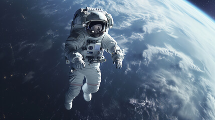 Fototapeta premium Astronaut floats in vastness of outer space against the breathtaking backdrop of Earth's surface