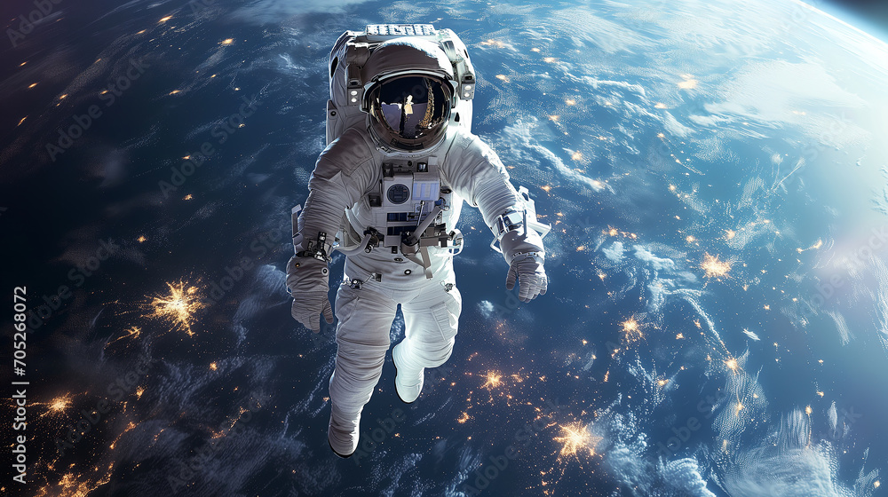 Poster intrepid spaceman in spacesuit becomes solitary figure in the boundless realm of space against earth