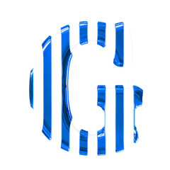 White symbol with thin blue vertical straps. letter g