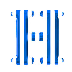 White symbol with thin blue vertical straps. letter h