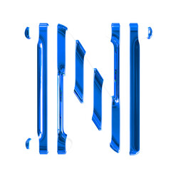White symbol with thin blue vertical straps. letter n