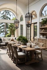 Fototapeta na wymiar Elegant Coastal Dining Room With Large Windows