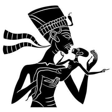 Ancient Egyptian pharaoh Akhenaton or queen Nefertiti holding and kissing a baby. Relief from Amarna. Black and white silhouette. Isolated vector illustration.