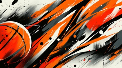Convey the excitement of basketball, with abstract shapes suggesting movement and competition, using bold oranges and blacks - obrazy, fototapety, plakaty