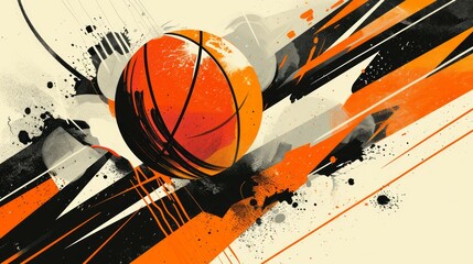 Convey the excitement of basketball, with abstract shapes suggesting movement and competition, using bold oranges and blacks