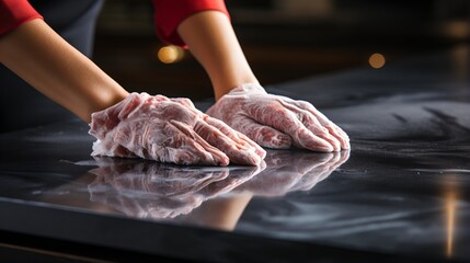 gloved hands cleaning surface with foam