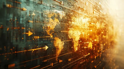 Depict the concept of global business expansion, with abstract world map fragments and dynamic arrows pointing outward, in a vibrant mix of golds and silvers - obrazy, fototapety, plakaty