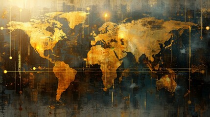 Depict the concept of global business expansion, with abstract world map fragments and dynamic arrows pointing outward, in a vibrant mix of golds and silvers