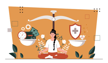 Balance money vs health. Woman with weights with money and shield with red cross. Young girl choose lifeline and lifestyle. Cartoon flat vector illustration isolated on white background