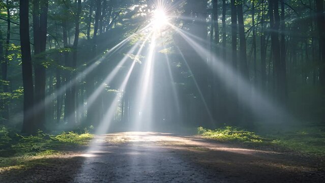 Sun rays moving trough beautiful green spring forest. Beautiful summer morning in the forest. Sun rays break through the foliage of magnificent green tree. Magical summer forest Magical landscape. Gol