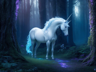 Obraz premium Behold the enchantment: a radiant unicorn, its horn aglow, in a secret glade of pure magic.