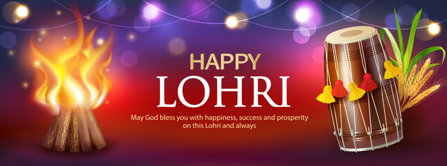 Greeting banner with dhol (drum) and bonfire for Punjabi harvest festival Lohri (Pongal, Makar Sankranti). Vector illustration.