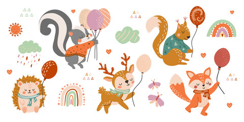 Set of cute forest animals with balloons. Spring animals. Vector illustration in hand drawn style. Deer, squirrel, skunk, hedgehog, fox, rainbow, clouds in flat style. Children's illustration.