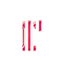 White symbol with thin pink vertical straps. letter r